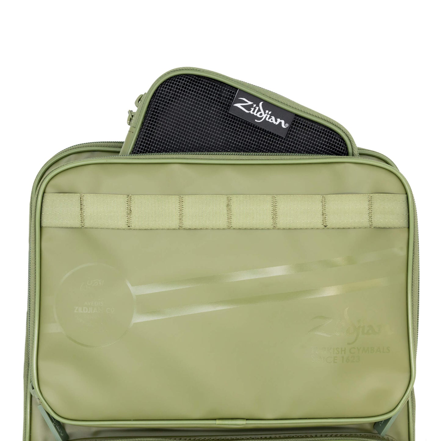 Large Green Zildjian Accessory Pouch poking out of the top pocket of Zildjian Touring Backpack