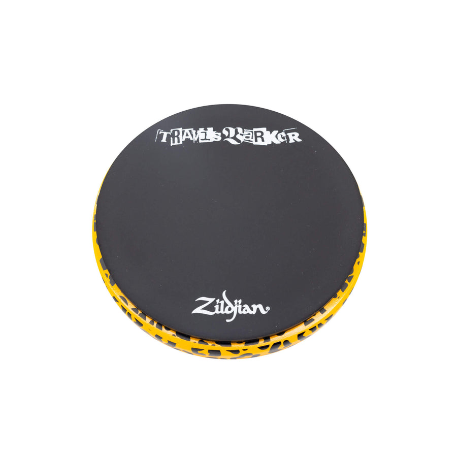 Back side of 6 Inch Travis Barker Signature Practice Pad from a slight angle
