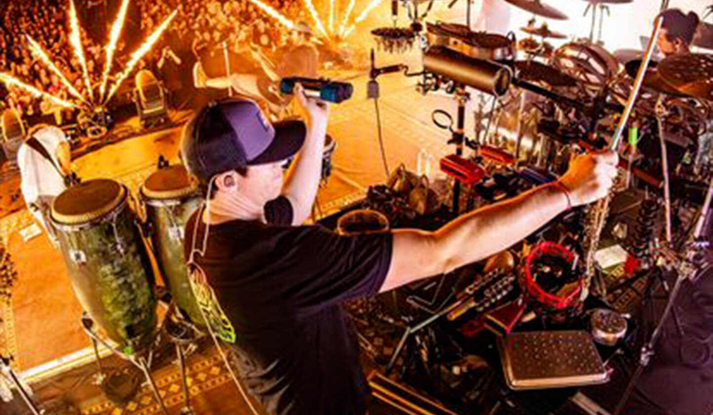 Close view of Will Phillips and his touring percussion setup