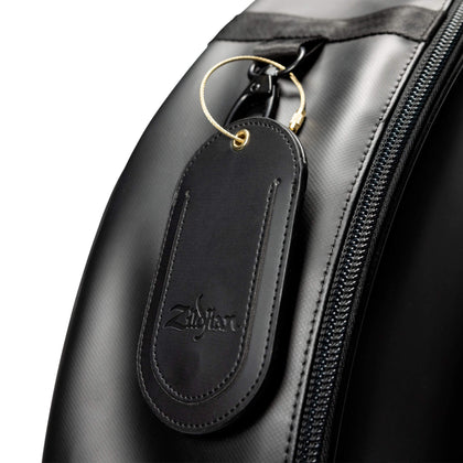 Close up of the Black Zildjian Touring 24" Rolling Cymbal Bag's luggage tag