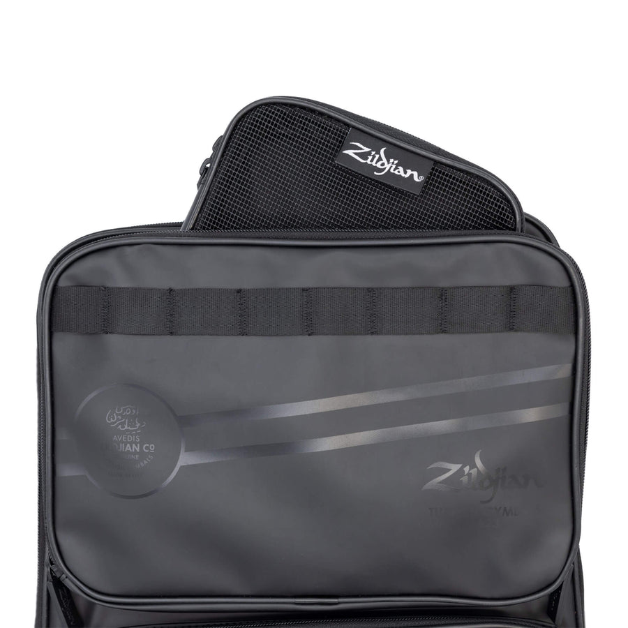 Large Black Zildjian Accessory Pouch poking out of the top pocket of Zildjian Touring Backpack