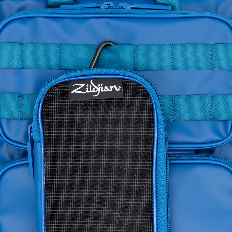 Blue Zildjian Accessory Pouches clipped to Zildjian Touring Stick Bag