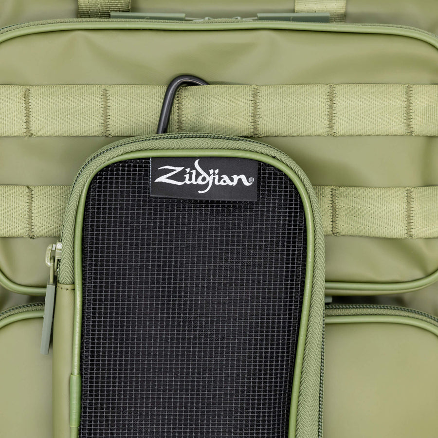 Green Zildjian Accessory Pouches clipped to Zildjian Touring Stick Bag