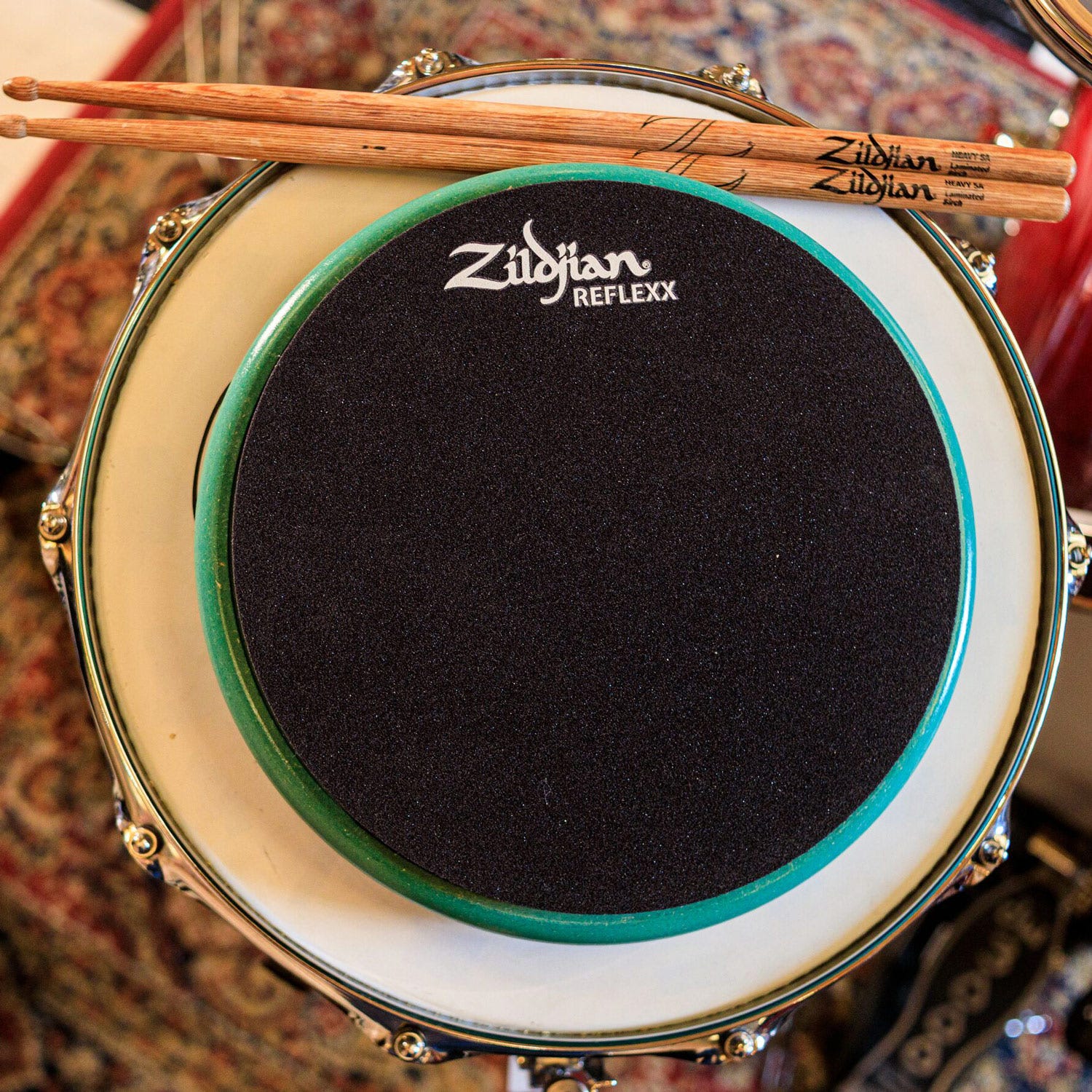 Green Zildjian Reflexx pad on snare drum